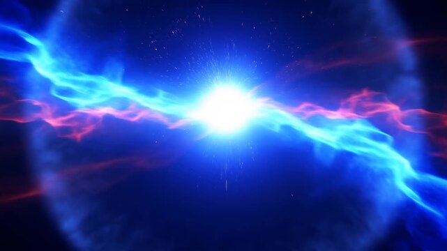 Glowing energy sphere forms as blue and red plasma streams collide against dark background