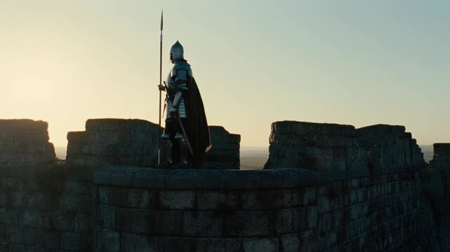 Armored knight stands with spear on stone fortress wall at sunset
