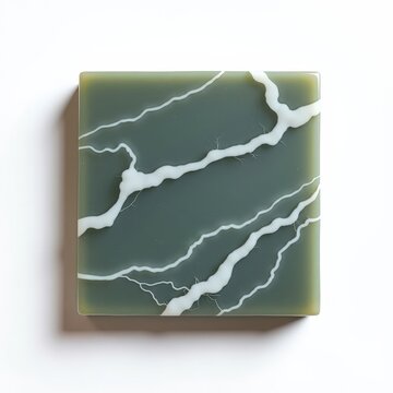 Square natural soapstone tile with graygreen surface and fine white marbling on a white background