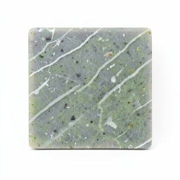Graygreen soapstone square piece with white marbling, natural stone texture, minimalist isolated design on white background
