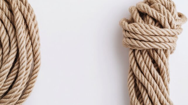 Two sections of thick, natural beige rope, one coiled and one loosely knotted, on a white background, creating a rustic, nautical feel