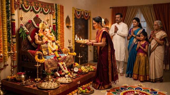 Indian family performing ganesh puja at home