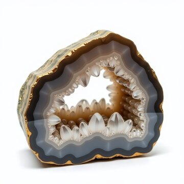 Jagged quartz geode half with sparkling clear crystal interior on white background mineral specimen natural gemstone display