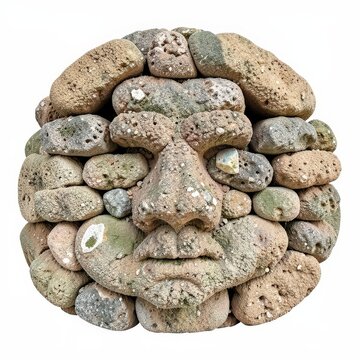 Coarse rubble stone face sculpture isolated on white  rustic rounded hewn stones for natural garden or wall decor