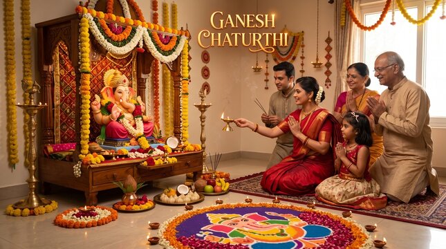 Family performing aarti during ganesh chaturthi festival at home