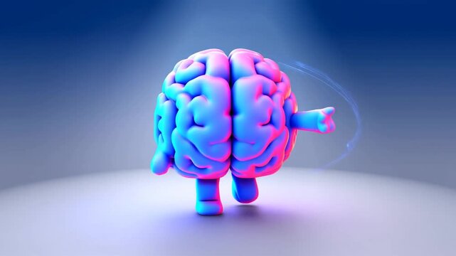 Colorful 3D Brain Character Standing in Studio with Neon Light Arcs and Raised Leg