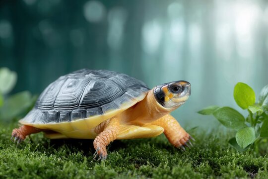 A black-breasted leaf turtle rests on lush green moss, its colorful carapace and yellow plastron standing out against the natural backdrop, showcasing reptile wildlife and nature