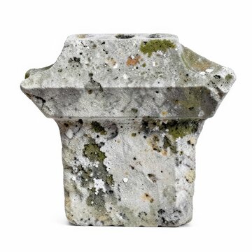 Classic stone keystone wedge textured mossy element symbolizing architectural arch construction isolated on white background