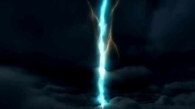 Lightning bolt flashes through dark storm clouds with bright blue and white light