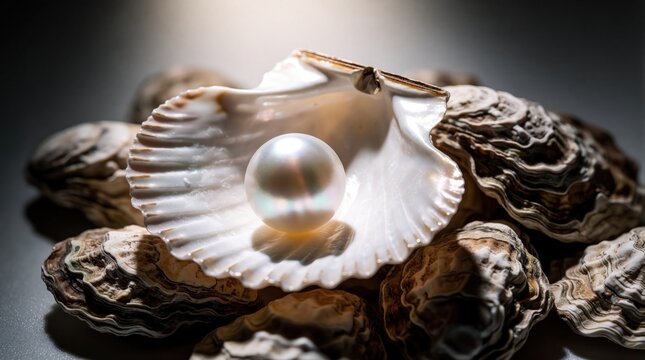 Single perfect pearl rests inside open scallop shell surrounded by oyster shells. Natural beauty shines, suggesting luxury, purity, and discovery.