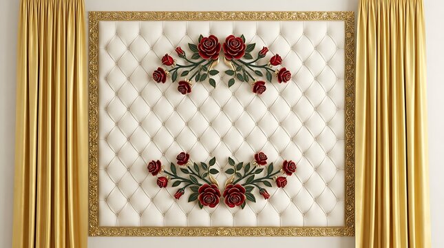 Elegant embroidered fabric with floral rose pattern framed in gold.