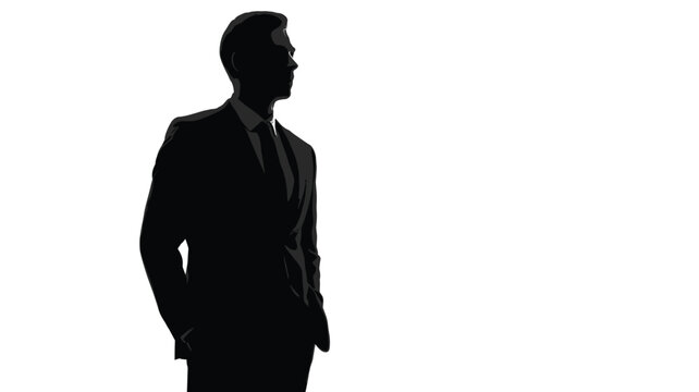 Silhouette of a businessman in a suit and tie standing with hands in pockets, isolated on a white background, representing corporate leadership and success