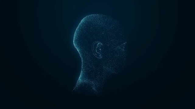 Digital Human Head Silhouette Formed by Glowing Particles on Dark Blue Background