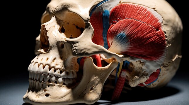 Detailed anatomical human skull model with red muscles, blue nerves. Realistic medical illustration shows bone structure, jaw, teeth. Science tool for biology study, healthcare education, research on