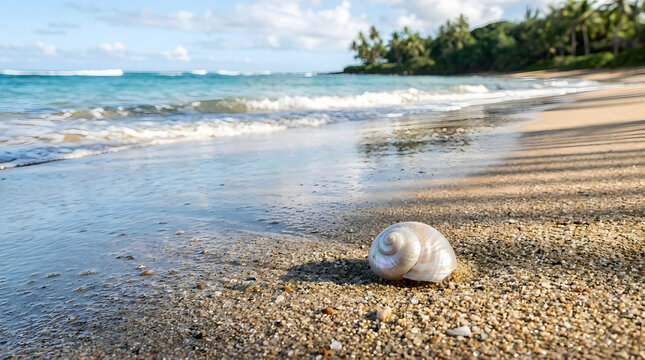 Seashell on Sandy Beach with Tropical Palm Trees and Blue Ocean Waves