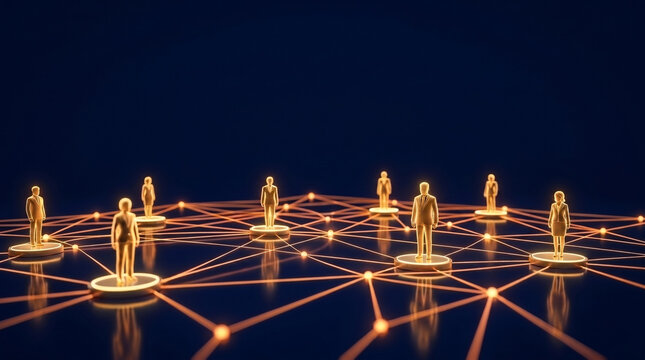 Golden human figures connected by orange network lines on a dark blue background representing global connectivity
