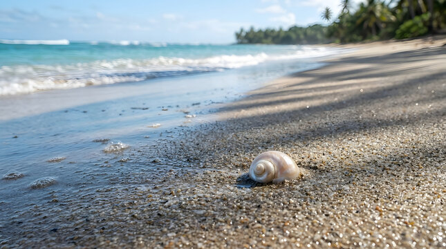 Small seashell on a sunny tropical sandy beach with crashing ocean waves and palm trees