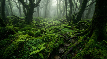 Obraz premium Mysterious misty forest with lush green moss-covered ground and ancient trees in ethereal light