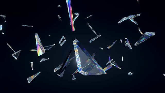 Colorful glass shards suspended in dark space with reflective rainbow surfaces