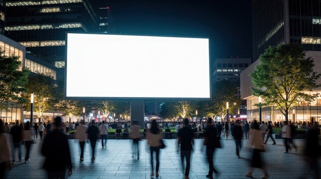 Large blank white billboard mockup in crowded city square at night. Blurred people walk past glowing sign in urban metropolitan area. Empty advertising poster frame stands among tall skyscrapers,