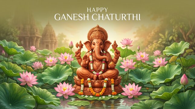 Happy ganesh chaturthi greeting with lord ganesha on lotus flower