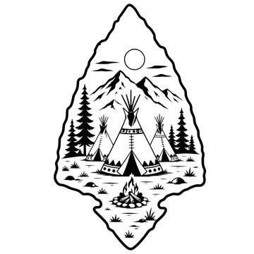 Rustic arrowhead silhouette showing a wilderness landscape with mountain peaks pine trees and native tipis around a campfire