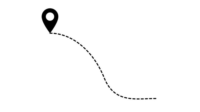 Abstract graphic showing a location pin linked to a winding dotted line, representing journey planning, navigation routes, travel discovery, and digital map guidance concepts