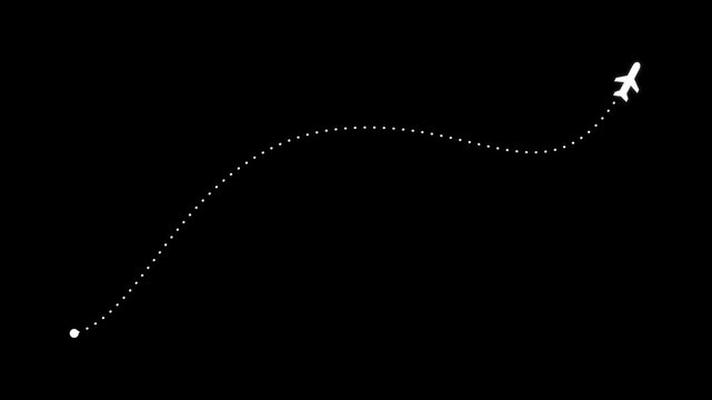 Stylized white airplane icon flying along a dotted curved path on a black background, representing a travel journey, flight route, or air transportation concept from one point to another