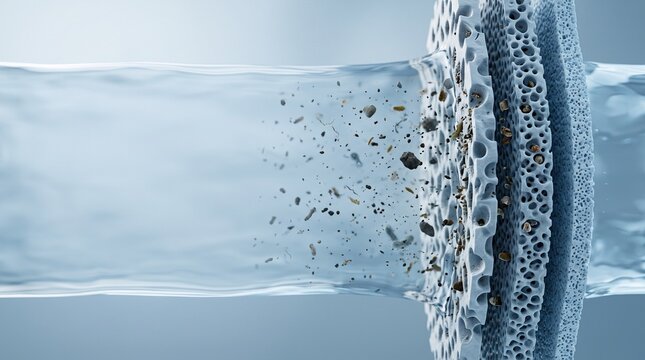 Water filtration membrane trapping dirt particles and debris filter purification