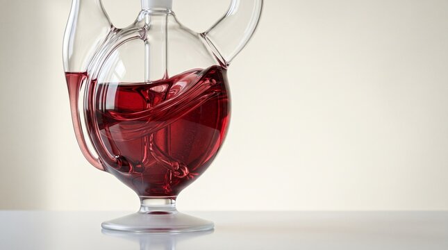 Glass decanter filled with swirling red liquid on a reflective surface carafe wine