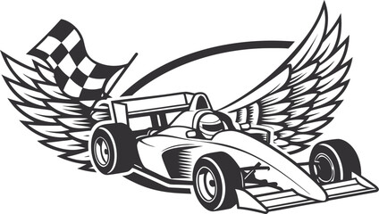 Naklejka premium Of a formula one race car with large eagle wings and a checkered flag, set against an oval frame on a white background