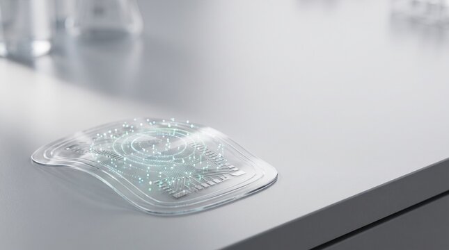 Transparent Flexible Electronic Circuit on a Laboratory Bench with Blurry Beakers flexible electronics