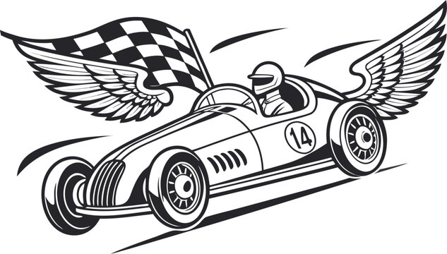 Of a vintage race car with eagle wings and a checkered flag, designed in a classic automotive style on a white background