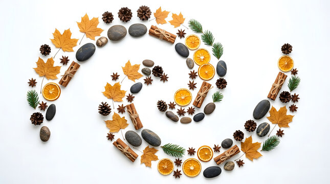 Spiral composition of autumn elements, dried orange slices, cinnamon sticks and leaves on white