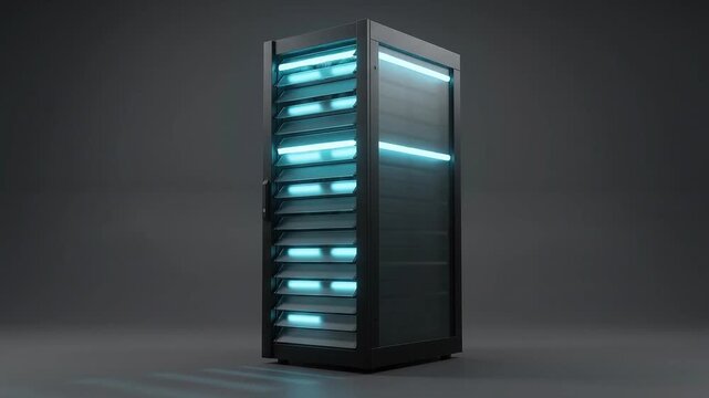 3D Animation of Cryptographic Cloud Server Tower with Cyan Data Waves on Dark Background