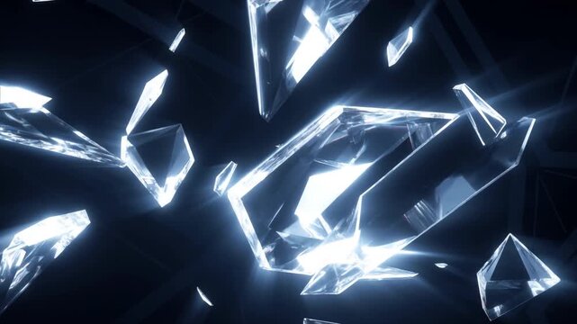 Floating crystal shards glowing in a dark abstract space with bright reflections