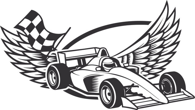 Of a formula one race car with large eagle wings and a checkered flag, set against an oval frame on a white background