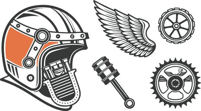 Vintage style racing set featuring a motorcycle helmet, a single wing, a mechanical piston, and a gear wheel on a white background isolated