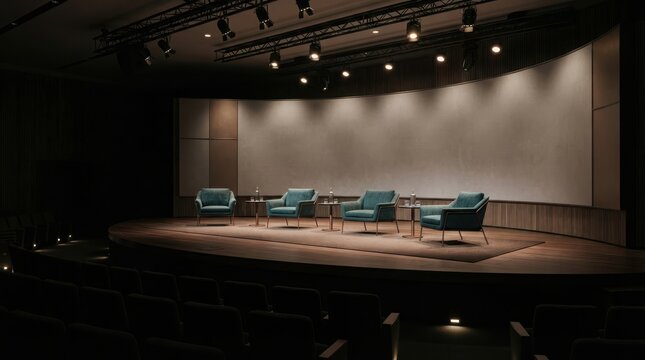 Four modern armchairs on a lit stage in a theater auditorium for a panel discussion or business conference event