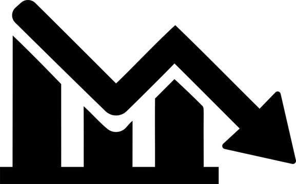 Falling business graph icon with downward arrow during economic decline on transparent background