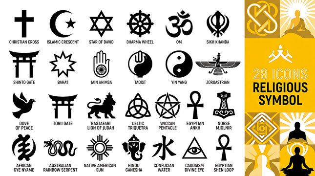Set of black religious and spiritual symbols and icons on white background