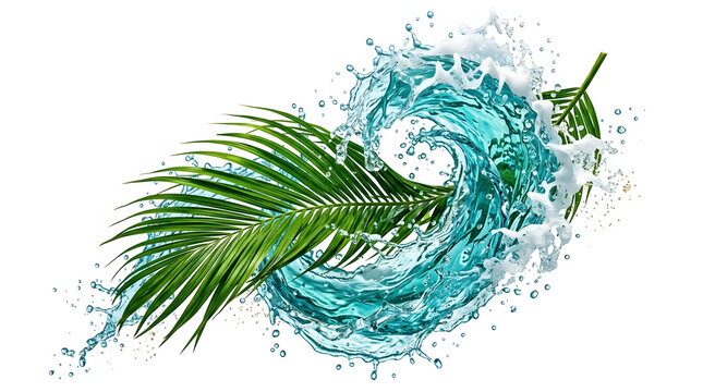 Dynamic Blue Water Splash Swirling Around a Green Tropical Palm Leaf Isolated on White Background