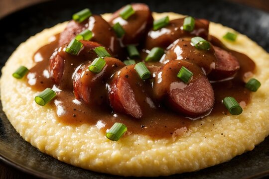 Sausage and grits dish with savory brown gravy and fresh green onions. Hearty comfort food meal served on dark plate, perfect for breakfast or lunch.