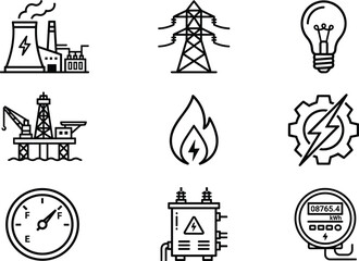 Fototapeta premium Energy and power industry vector line icon set featuring power plant electric tower oil rig gas flame bulb and meter on white background