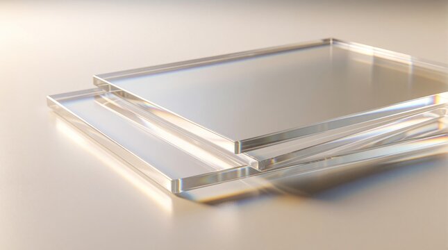 Stack of clear glass sheets with smooth edges. Transparent glass panes reflect light, create rainbow spectrum colors. Minimalist design material shows refraction, glossy texture. Abstract background