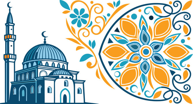 A detailed of a mosque with a minaret and an intricate floral mandala pattern in shades of blue and orange colors