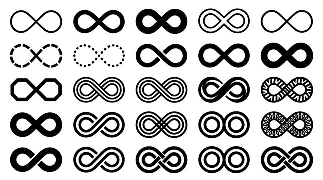 Grid of fifteen black infinity icons on white background for design and branding projects.