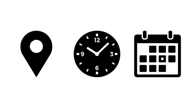 Minimalist black vector icons of location pin, clock and calendar on white background