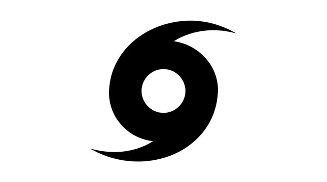 Minimalist black hurricane icon, simple swirling storm symbol for weather forecast design.
