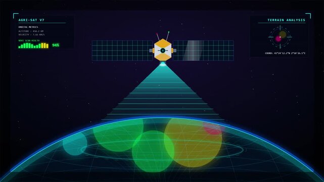 Agricultural Satellite Scanning Earth Surface with Digital HUD Interface
